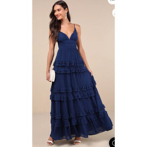 NWT Lulus Lavish Perfection Navy Blue Ruffled Tiered Maxi Dress Size XS